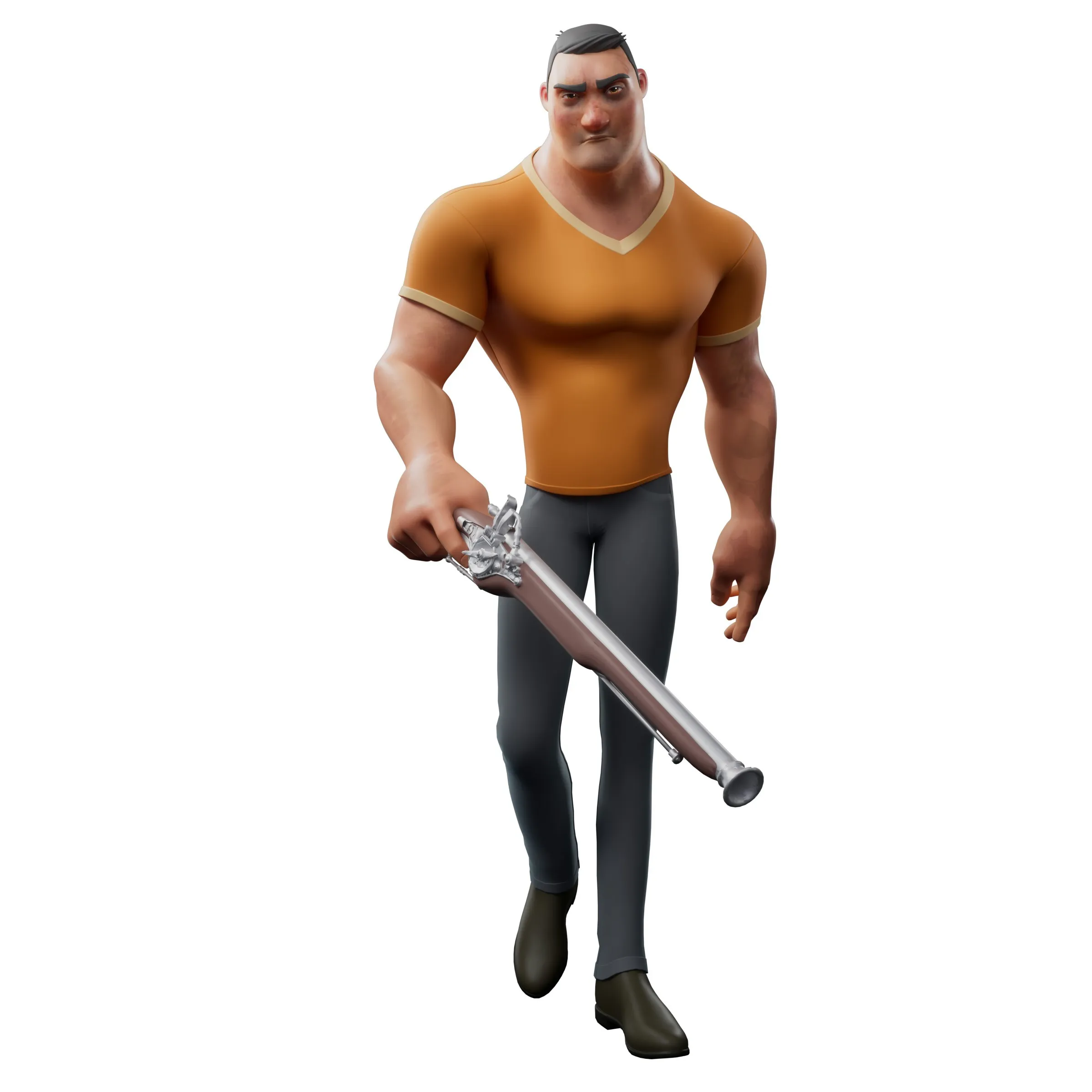 3D character holding a gun in a walking pose, animated at Animsomaniac