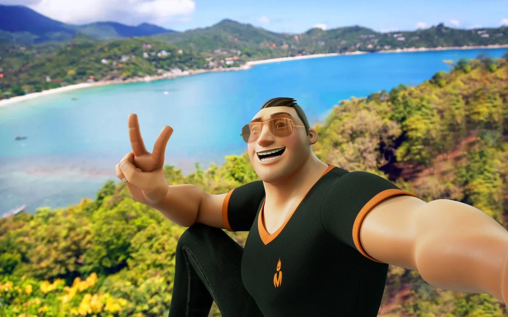 3D character 'Elvis' posing with a peace sign on a beach hillside, designed for Animsomaniac students