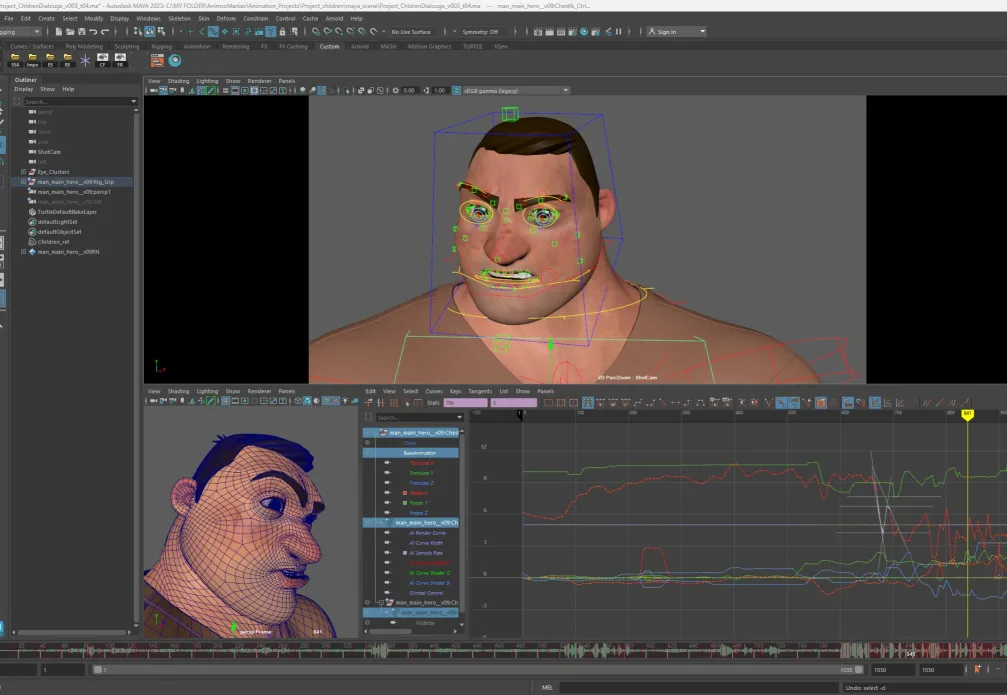 3D character animation in progress with Maya software for Animsomaniac's 3D Animation Program